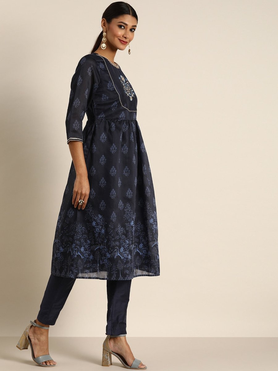 All About You Women Navy Blue Floral Printed Empire Kurta with Trousers - Distacart