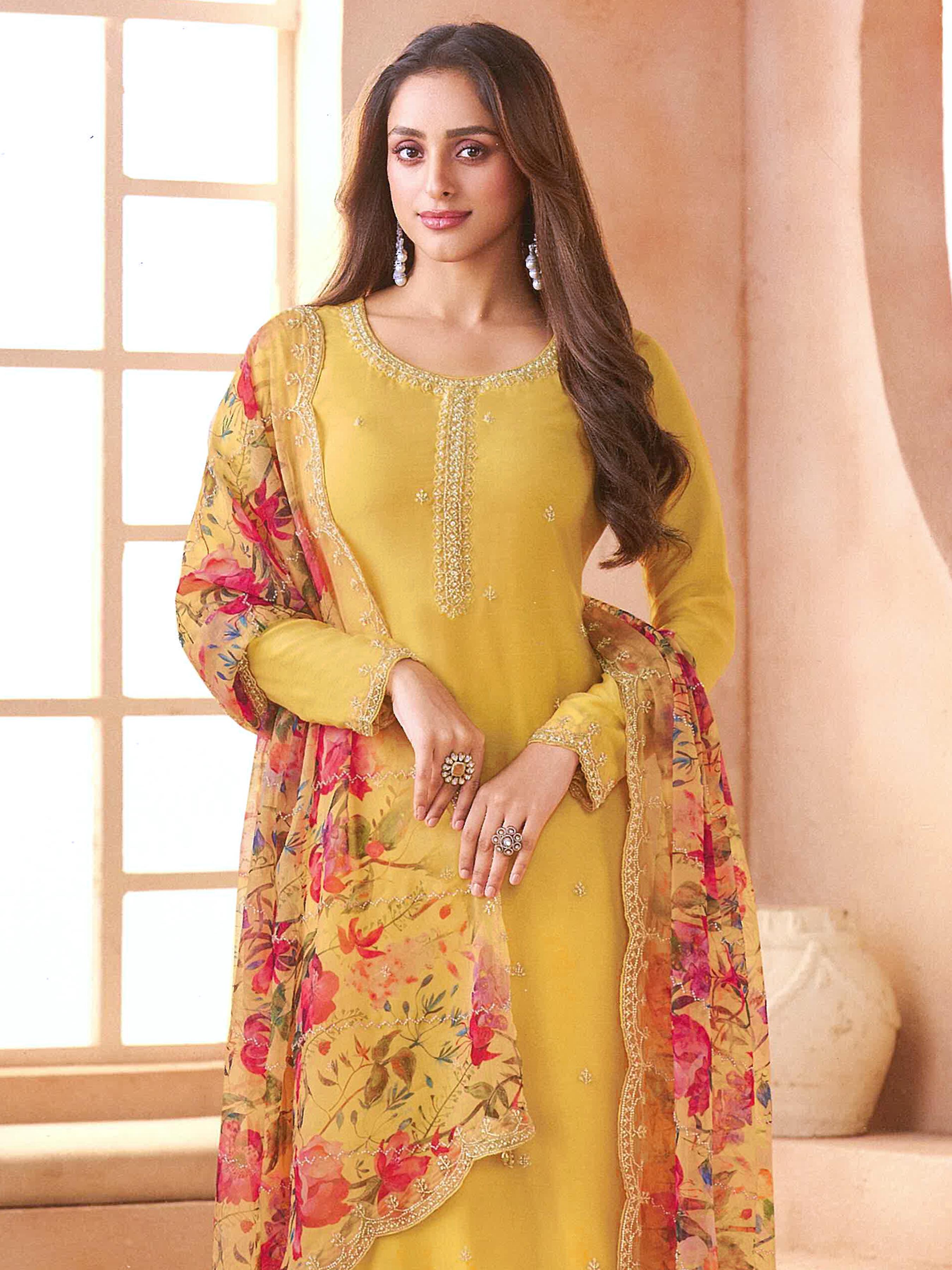 Anaita Yellow Chiffon Suit with Digital Printed & Beats Work - Distacart