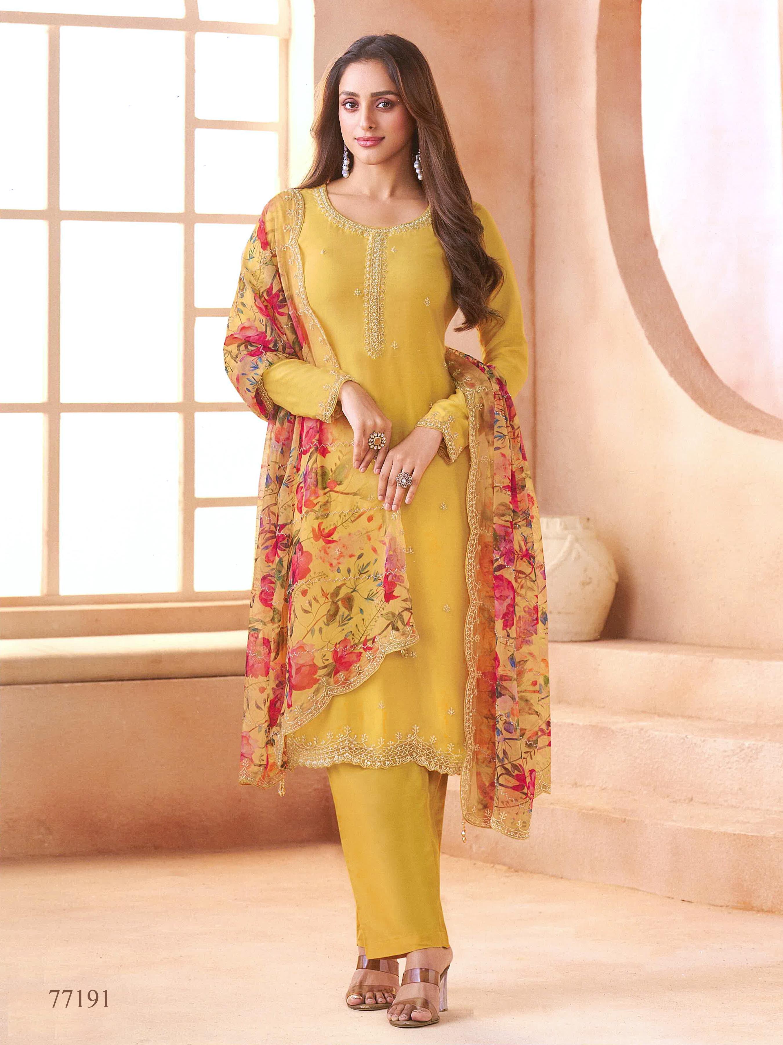 Anaita Yellow Chiffon Suit with Digital Printed & Beats Work - Distacart