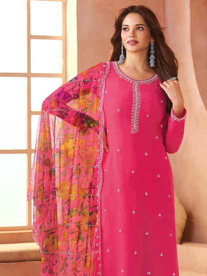 Anaita Magenta Chiffon Suit with Digital Printed & Beats Work - Distacart