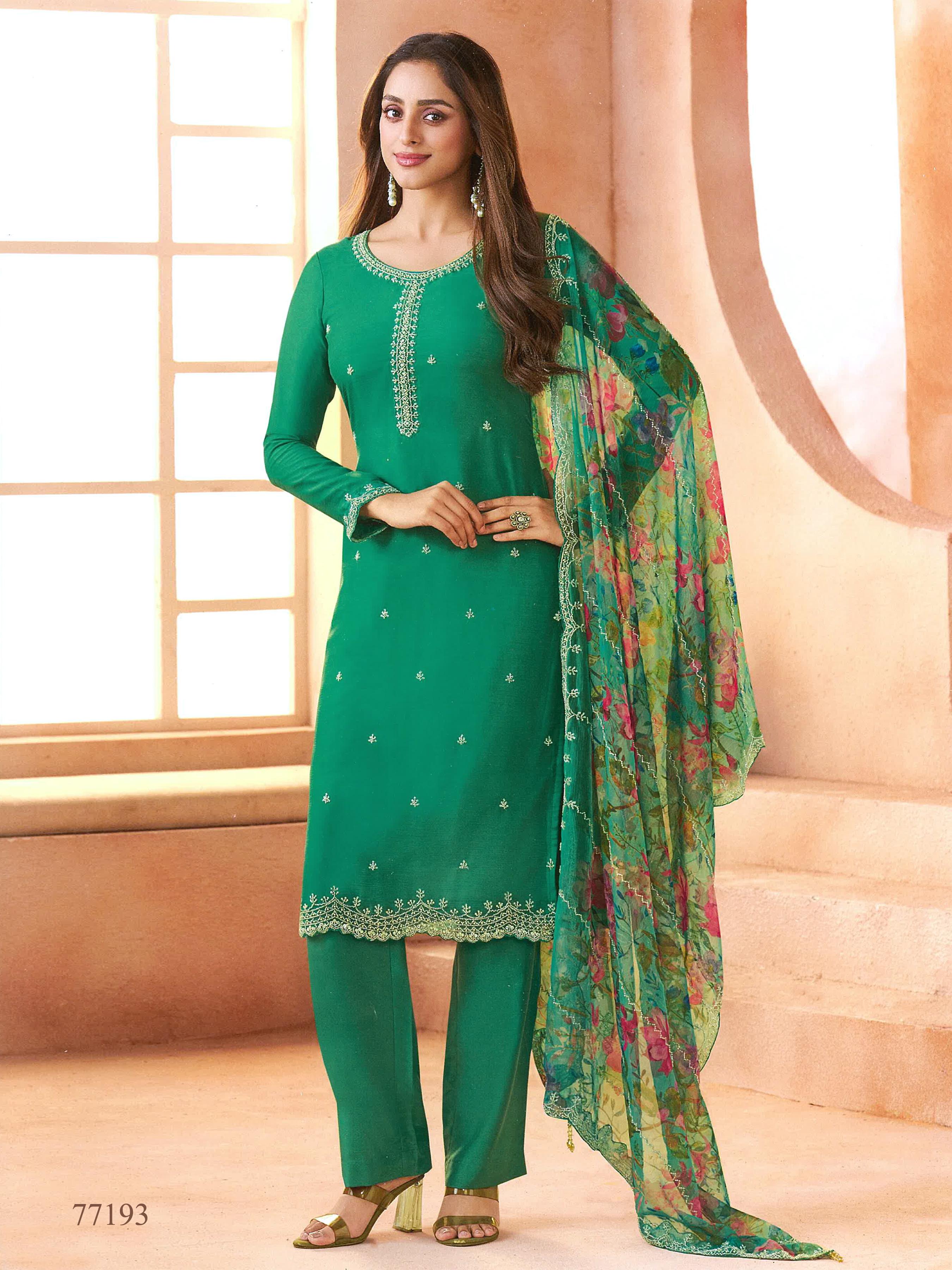 Anaita D Green Chiffon Suit with Digital Printed & Beats Work - Distacart