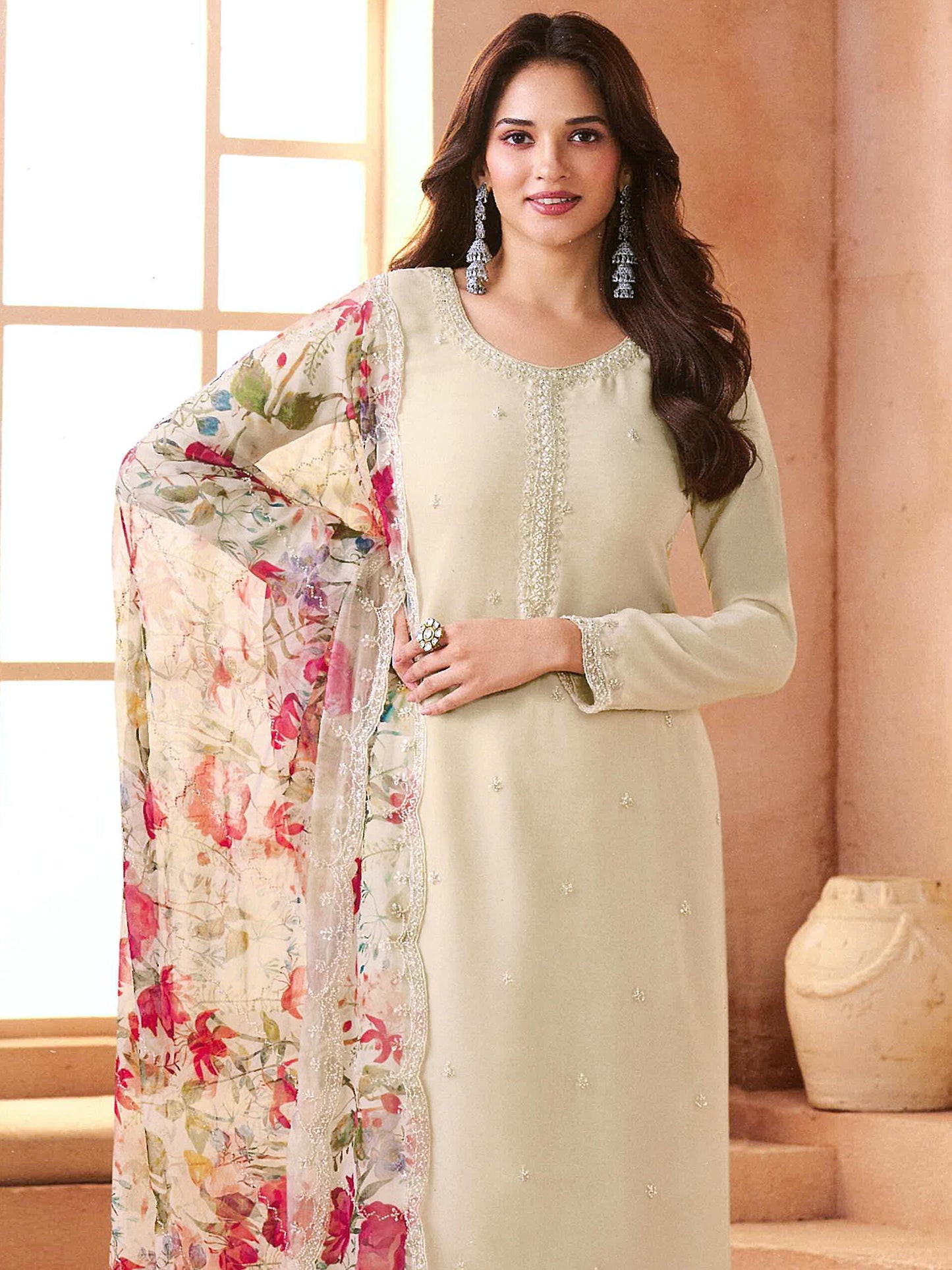 Anaita Beige Chiffon Suit with Digital Printed & Beats Work - Distacart