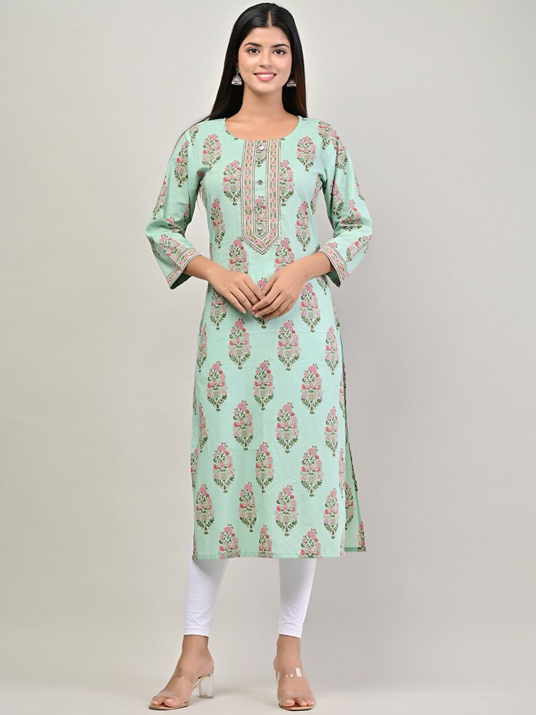 Swasti Women Green & Peach-Coloured Ethnic Motifs Printed Floral Kurta - Distacart
