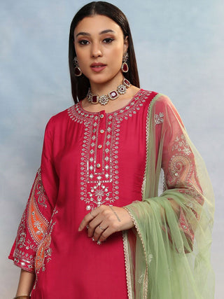 Vishudh Women Floral Embroidered Regular Mirror Work Kurta with Trousers & With Dupatta