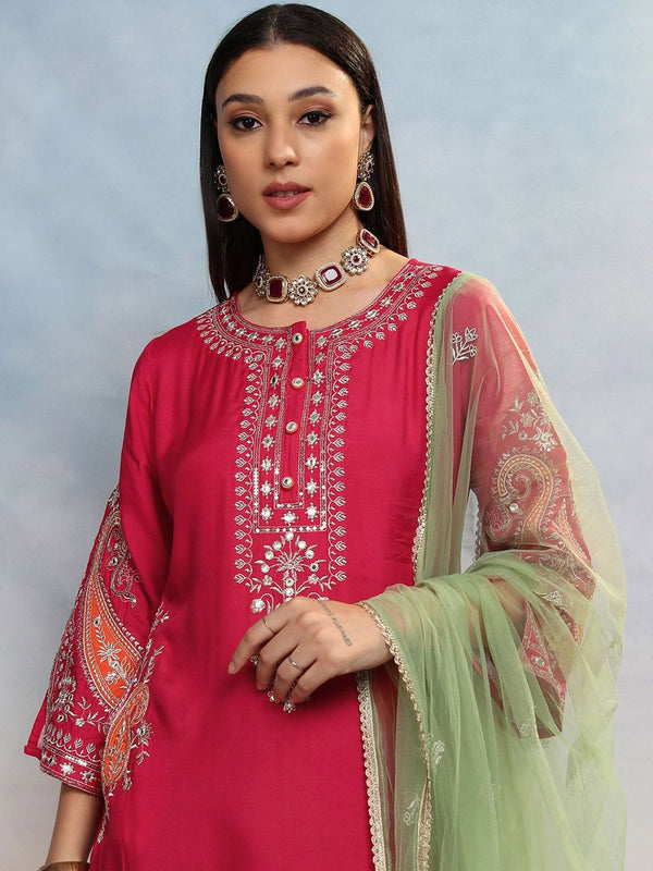 Vishudh Women Floral Embroidered Regular Mirror Work Kurta with Trousers & With Dupatta - Distacart