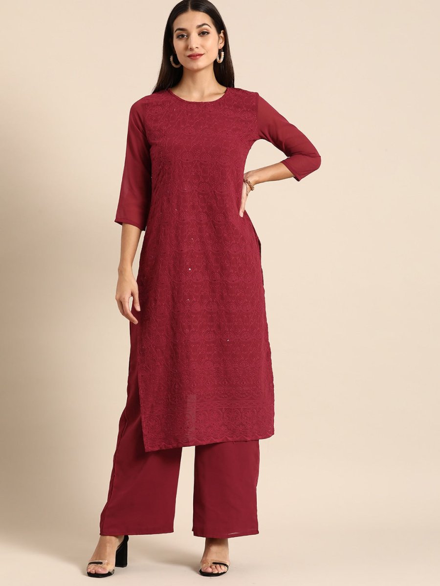 All About You Women Maroon Ethnic Motifs Embroidered Chikankari Kurta with Palazzos - Distacart