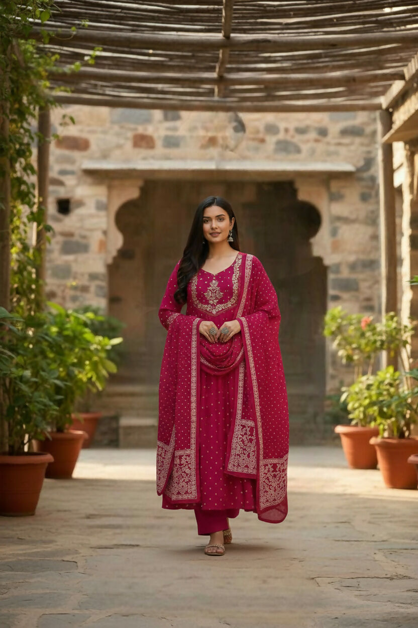 The52 Women's Beautiful Cotton Fabric Embroidery Work Flared Anarkali Pant and Dupatta Set - Distacart