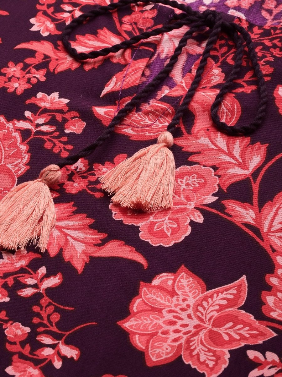 All About You Women Purple & Red Floral Printed Regular Kurta with Trousers - Distacart