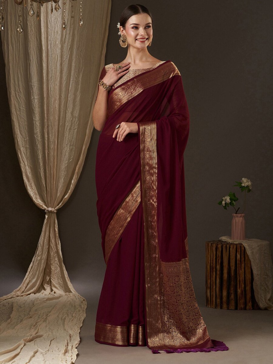 Anouk Burgundy & Gold-Toned Zari Pure Georgette Kanjeevaram Saree - Distacart