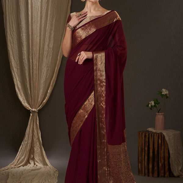 Anouk Burgundy & Gold-Toned Zari Pure Georgette Kanjeevaram Saree - Distacart