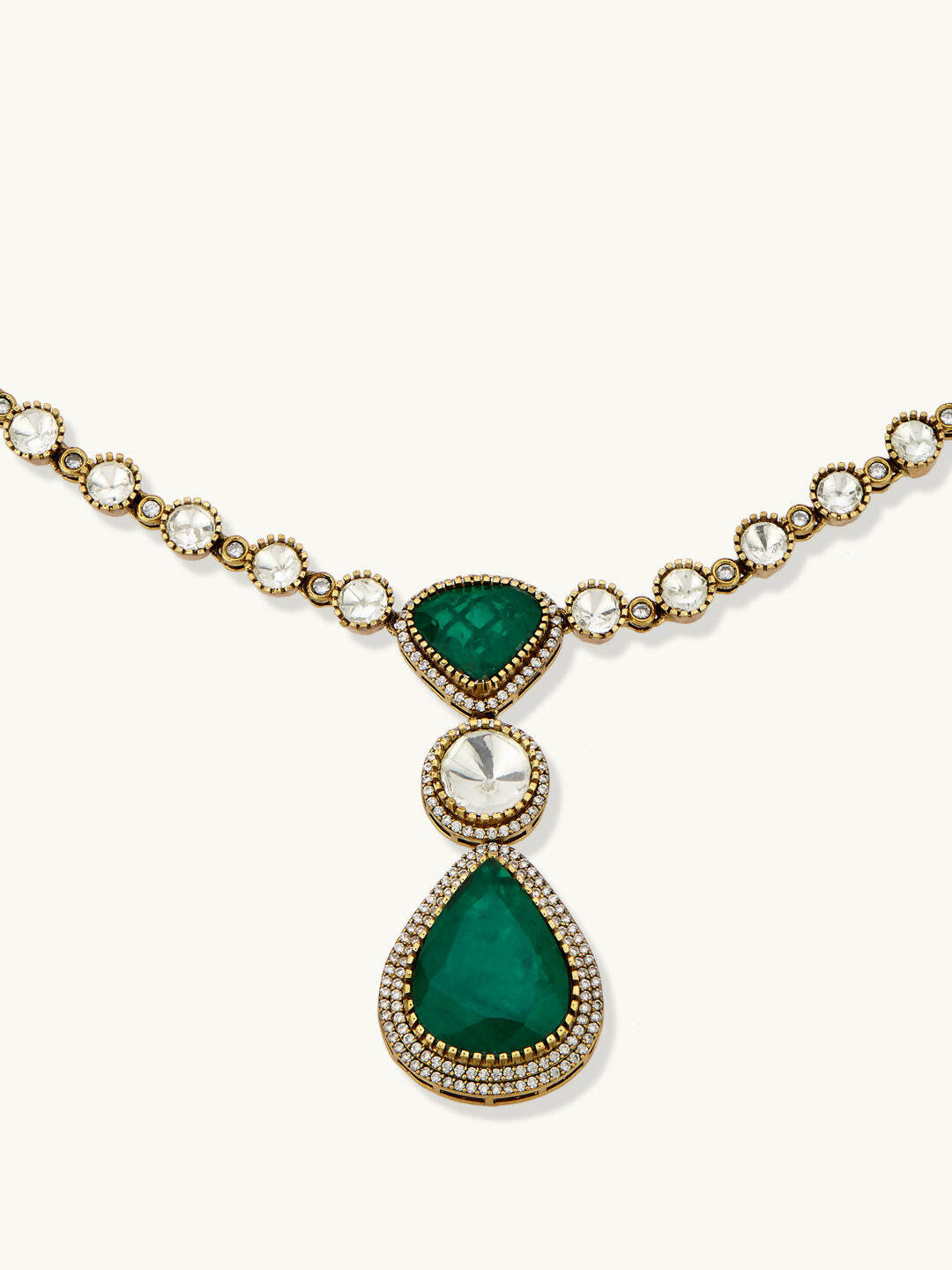 Nuyug 22K Gold-Plated Emerald Stone Centric Kundan Studded Minimal Necklace Set