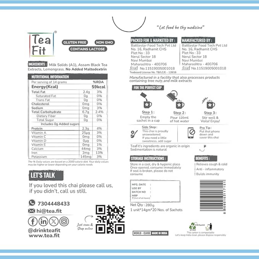 TeaFit Premium NO SUGAR Instant Lemongrass Tea Premix - Distacart