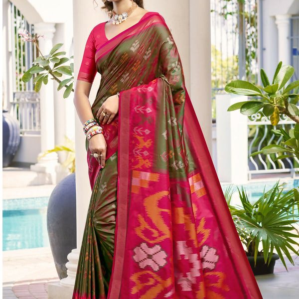 Astita Pochampalli Silk Olive Green Saree