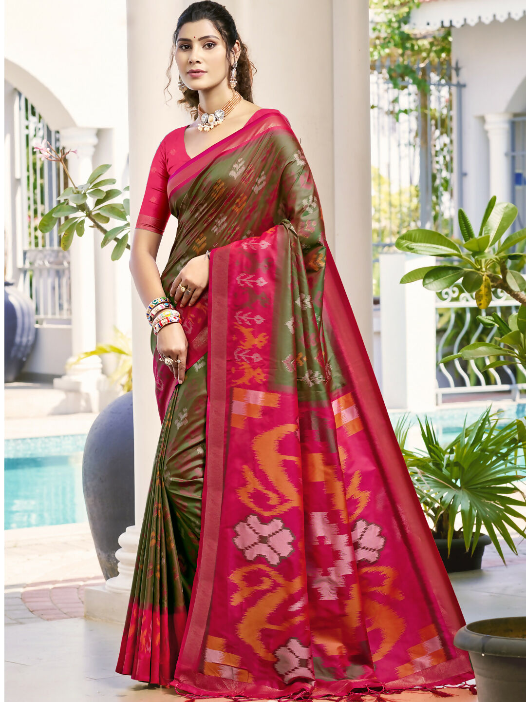 Shree Shyam Fashion Pochampalli Silk Olive Green Saree - Distacart