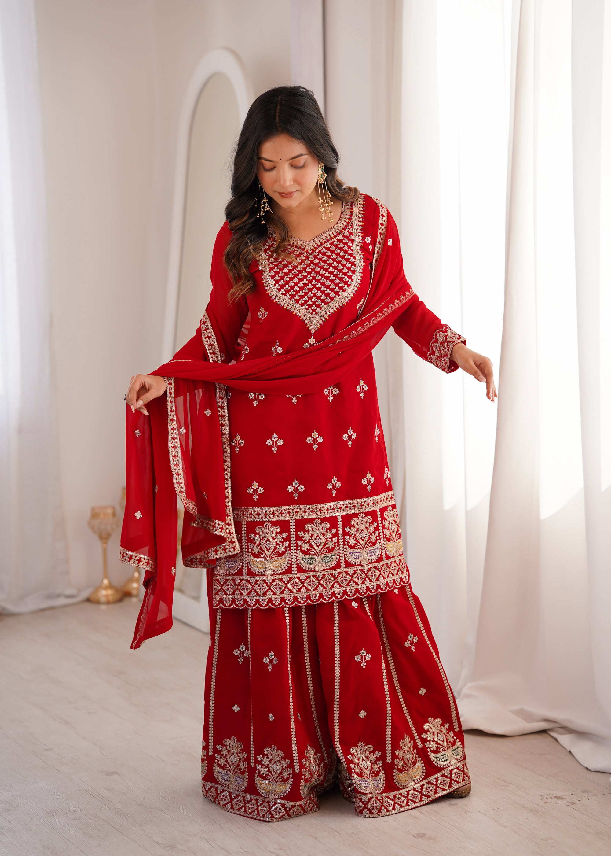 Lorenvalley Fashion Red Faux Georgette Embroidery Dori, Jari, Sequence and Thread Work Kurta Sharara with Dupatta - Dista