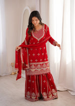 Thumbnail for Lorenvalley Fashion Red Faux Georgette Embroidery Dori, Jari, Sequence and Thread Work Kurta Sharara with Dupatta - Dista