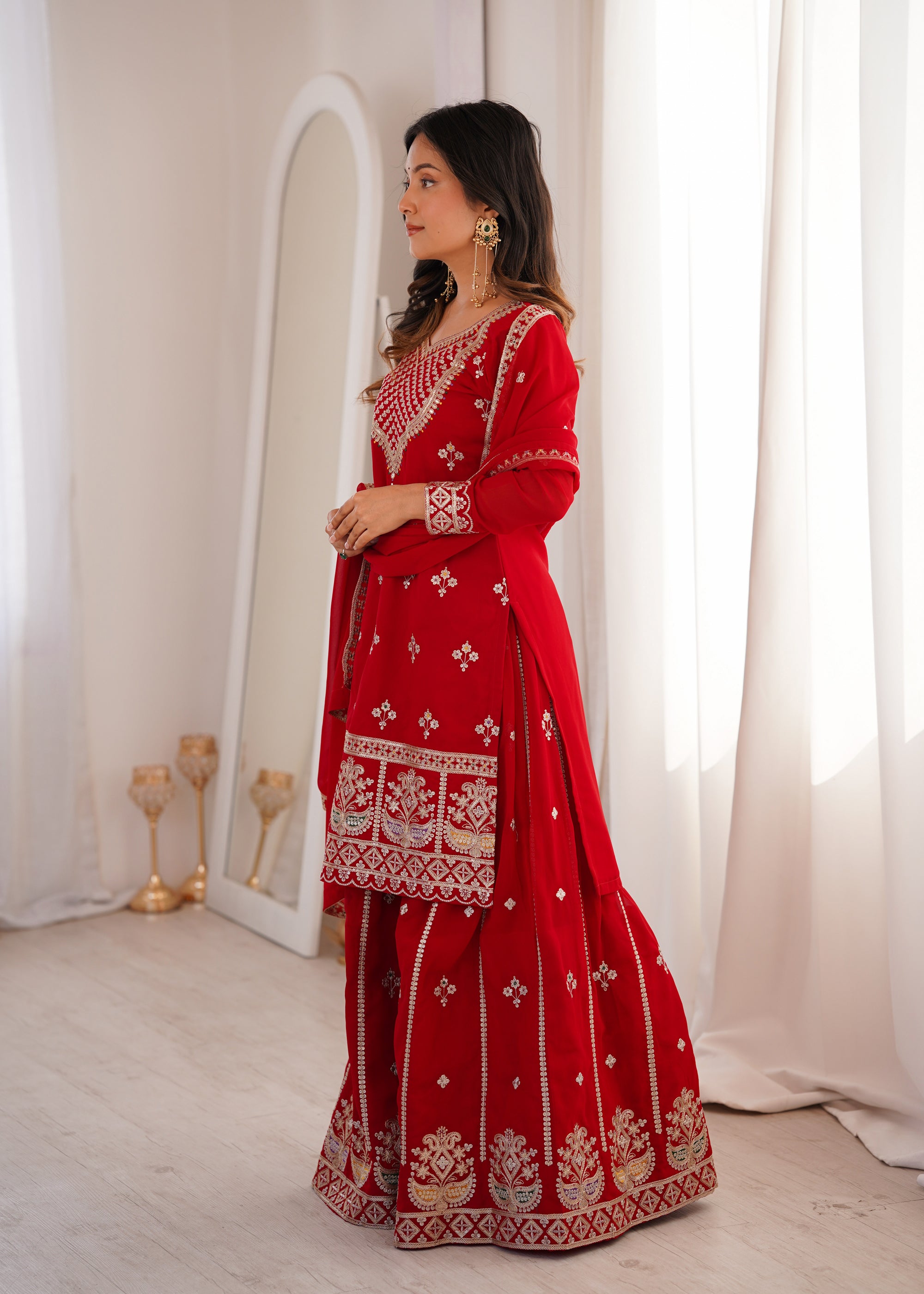 Lorenvalley Fashion Red Faux Georgette Embroidery Dori, Jari, Sequence and Thread Work Kurta Sharara with Dupatta - Dista