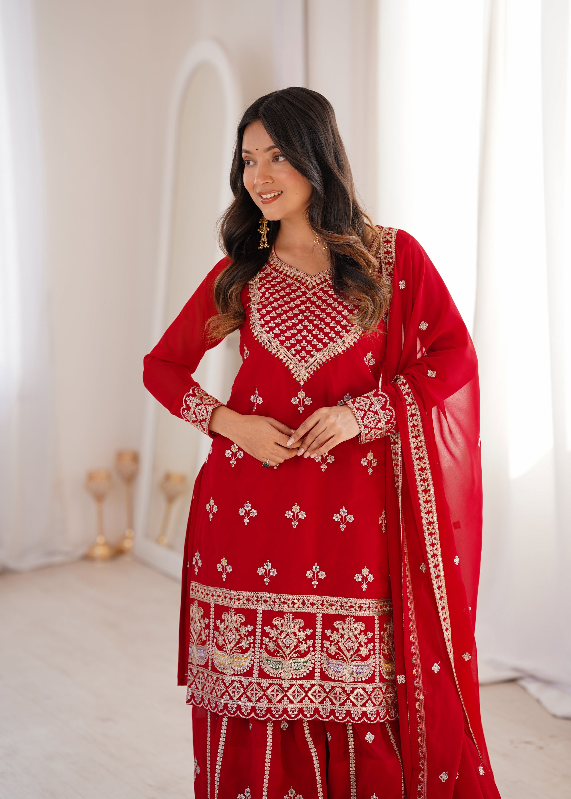 Lorenvalley Fashion Red Faux Georgette Embroidery Dori, Jari, Sequence and Thread Work Kurta Sharara with Dupatta - Dista