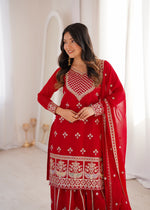 Thumbnail for Lorenvalley Fashion Red Faux Georgette Embroidery Dori, Jari, Sequence and Thread Work Kurta Sharara with Dupatta - Dista