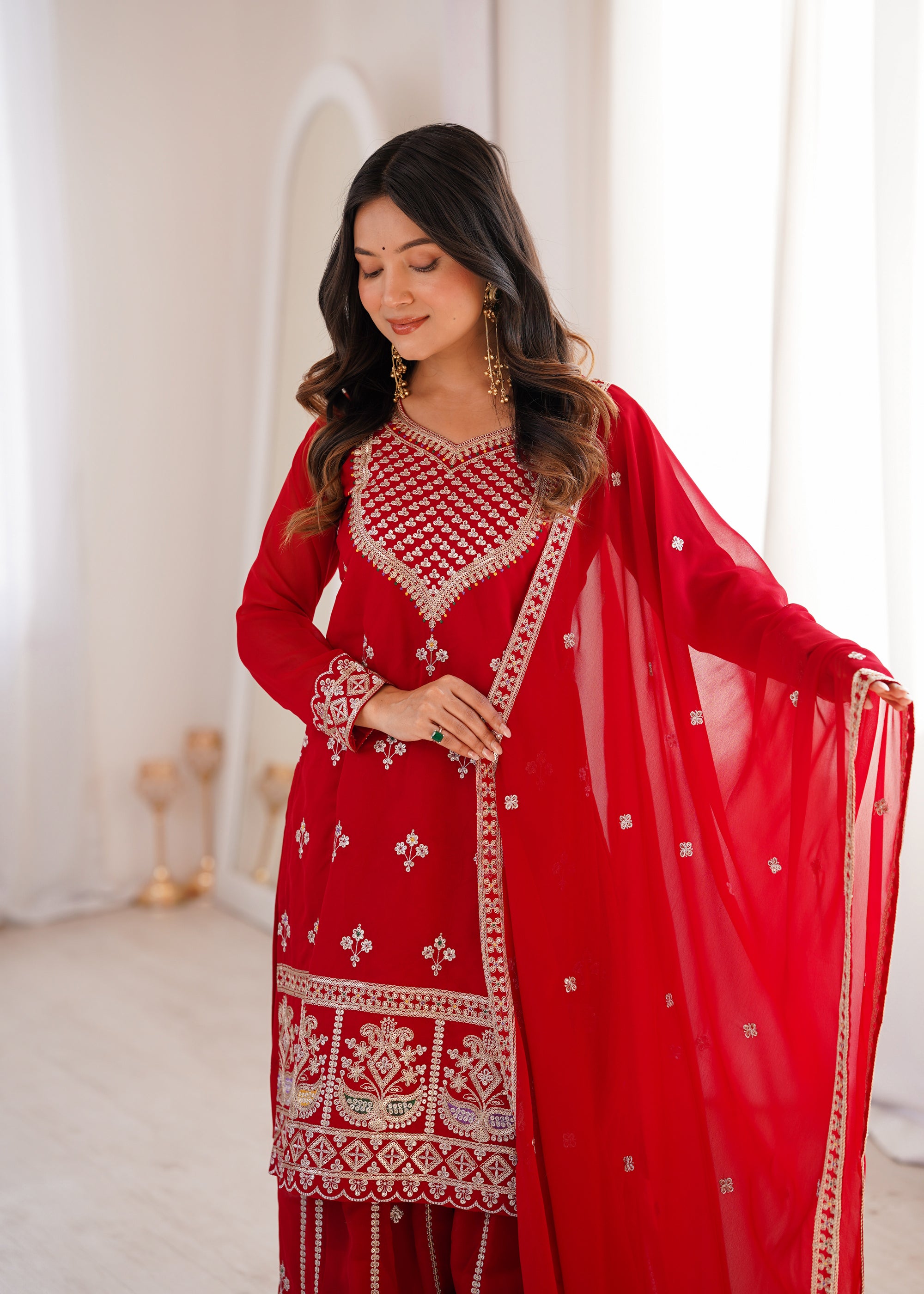 Lorenvalley Fashion Red Faux Georgette Embroidery Dori, Jari, Sequence and Thread Work Kurta Sharara with Dupatta - Dista