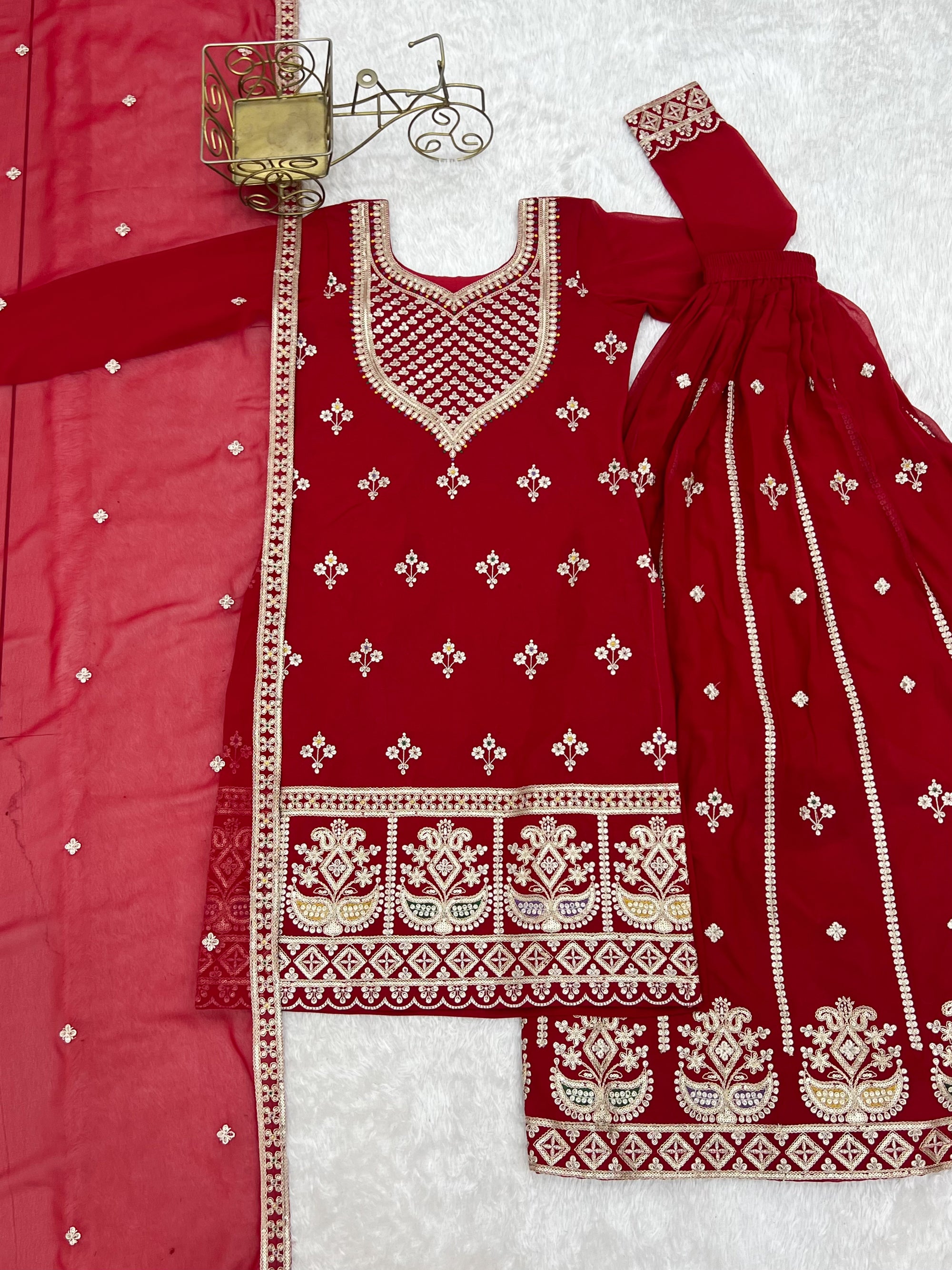 Lorenvalley Fashion Red Faux Georgette Embroidery Dori, Jari, Sequence and Thread Work Kurta Sharara with Dupatta - Dista
