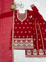 Thumbnail for Lorenvalley Fashion Red Faux Georgette Embroidery Dori, Jari, Sequence and Thread Work Kurta Sharara with Dupatta - Dista