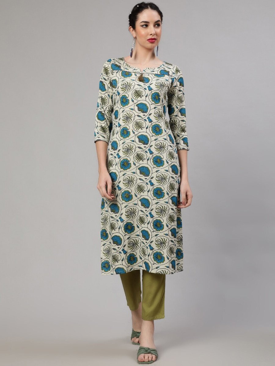 Aks Round Neck Floral Printed Regular Kurta with Trousers - Distacart
