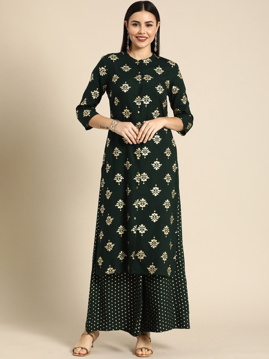 All About You Women Green & Gold-toned Ethnic Motifs Printed Kurta with Palazzos - Distacart