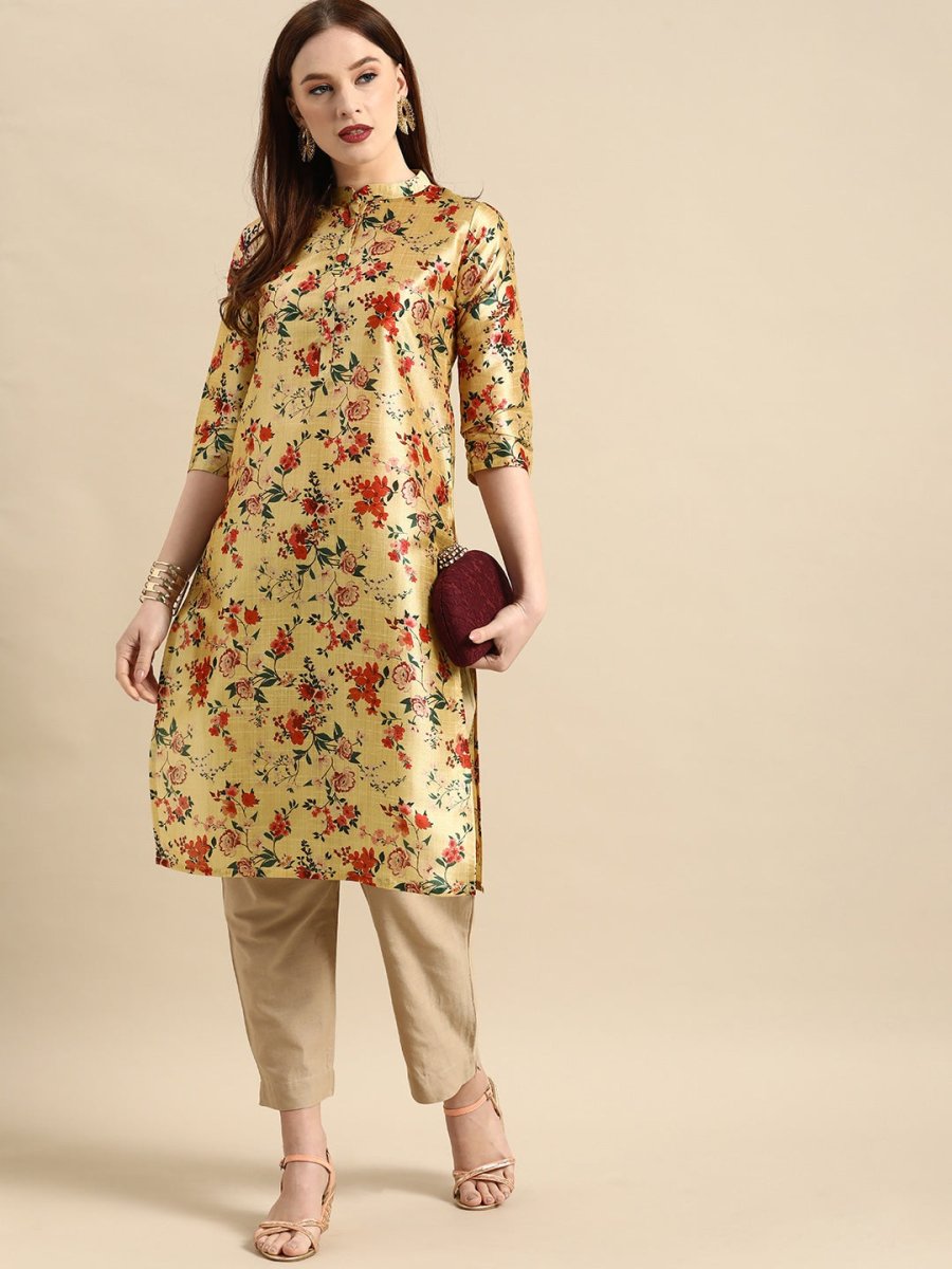 All About You Women Mustard Yellow & Red Floral Print Chanderi Silk Blend Straight Kurta - Distacart