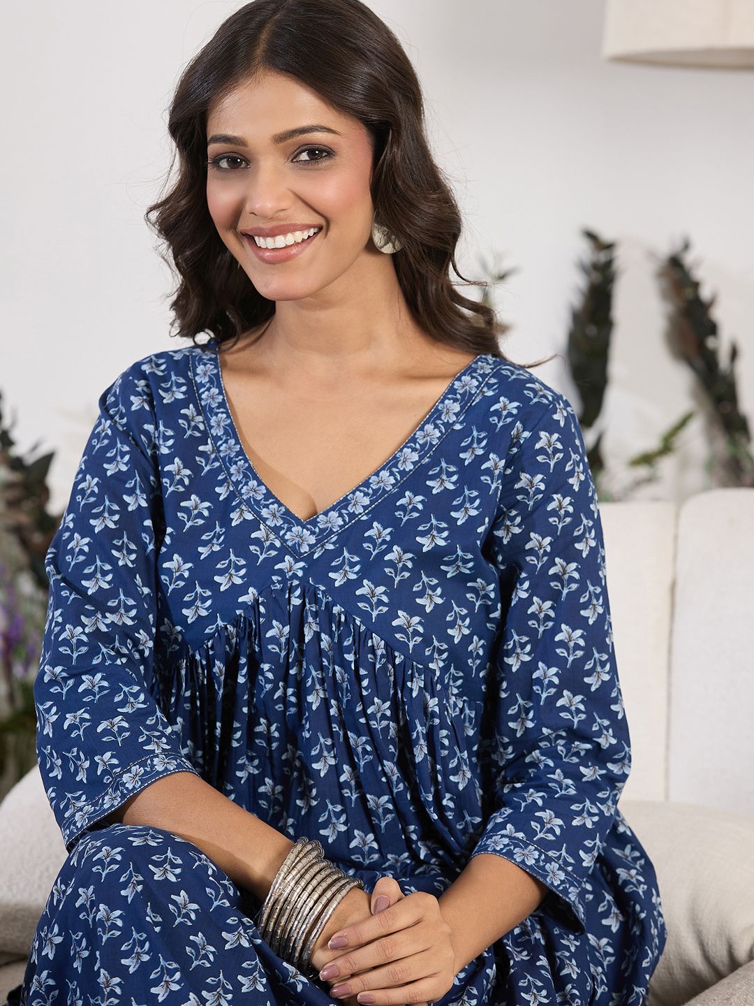 Indo Era V-Neck Floral Printed Empire Pure Cotton Kurta with Trouser - Distacart