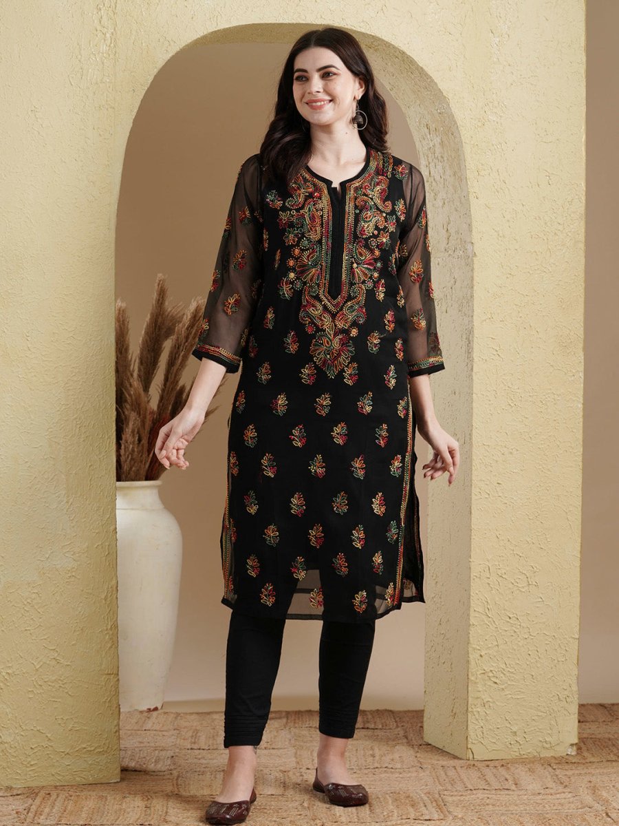 ADA Women Black Embroidered Regular Chikankari Kurta with Trousers - Distacart
