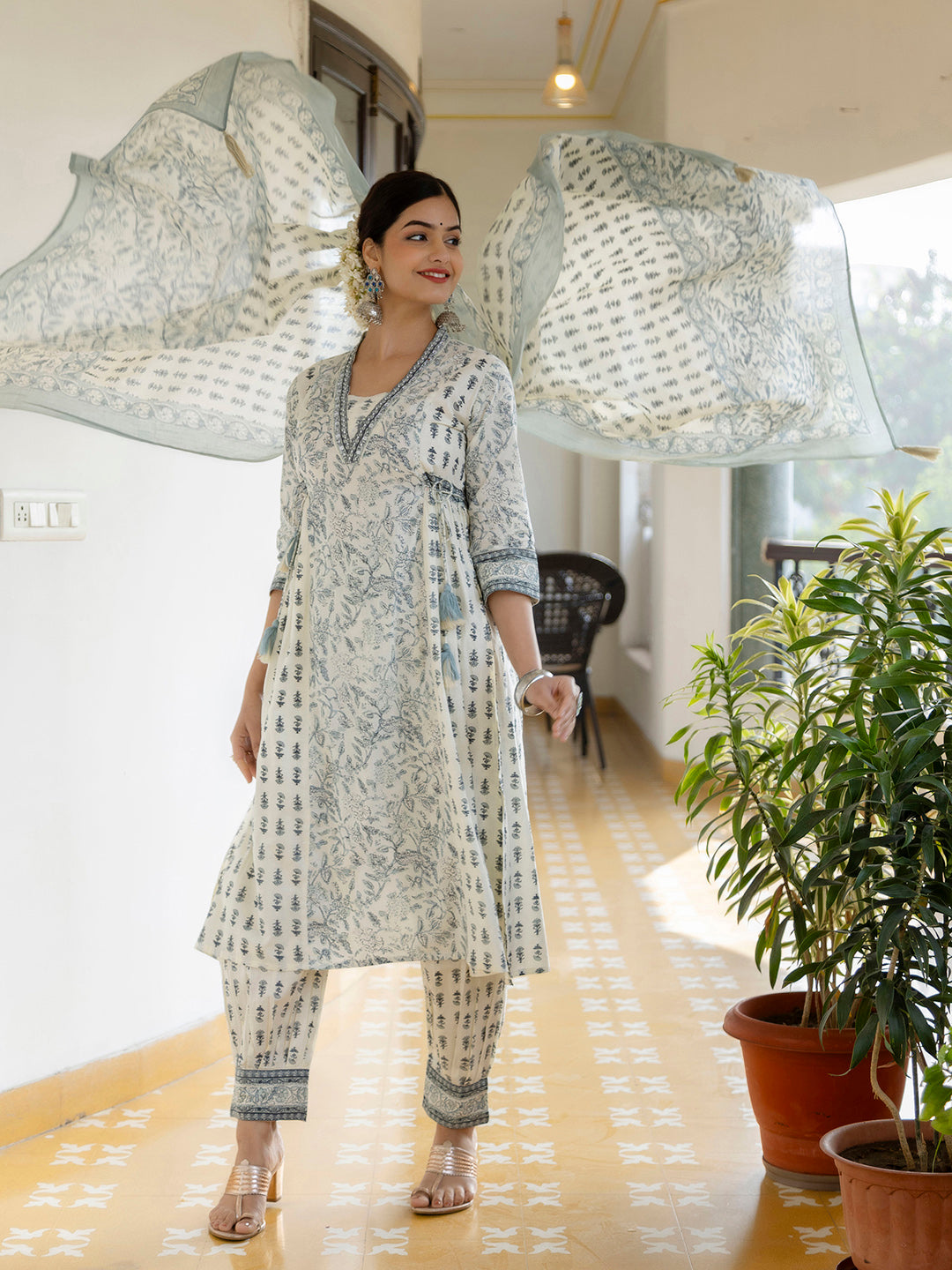 Kalini Floral Yoke Design Empire V-Neck Mirror Work Cotton Kurta with Patiala & Dupatta - Distacart