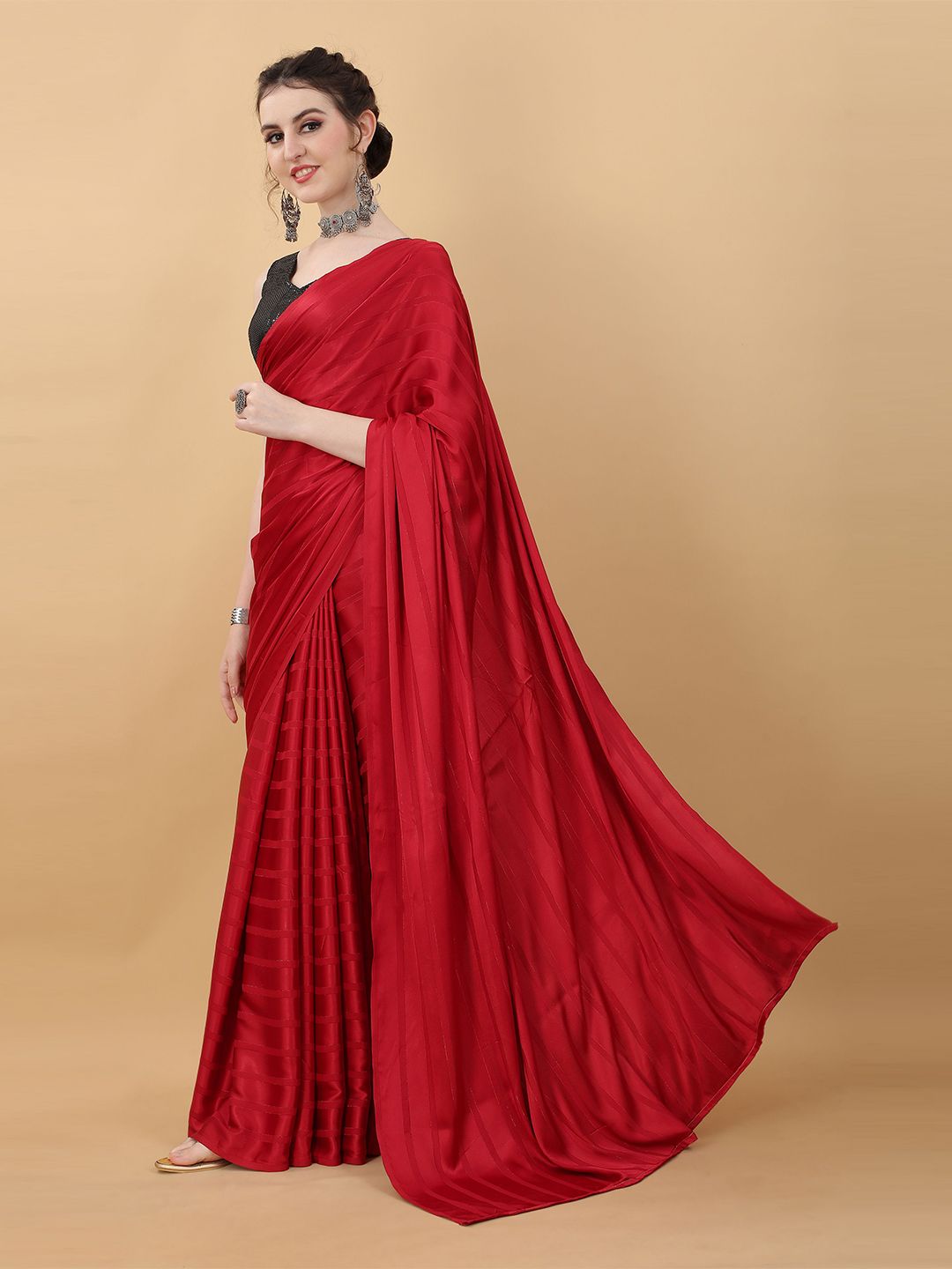 kasee Red & Black Striped Poly Georgette Saree - Distacart