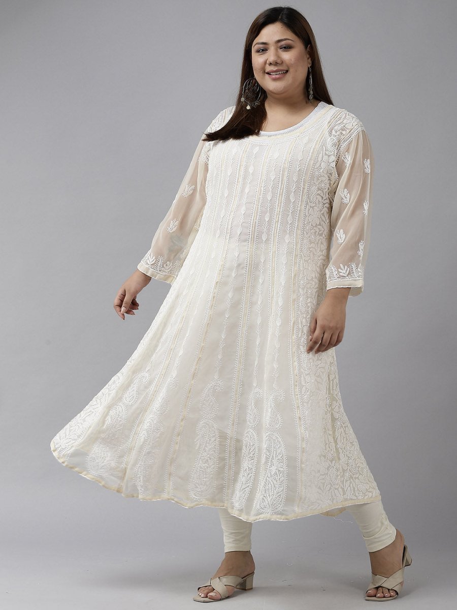 ADA Women Beige Ethnic Motifs Plus Size Chikankari Georgette Anarkali Kurta - Distacart