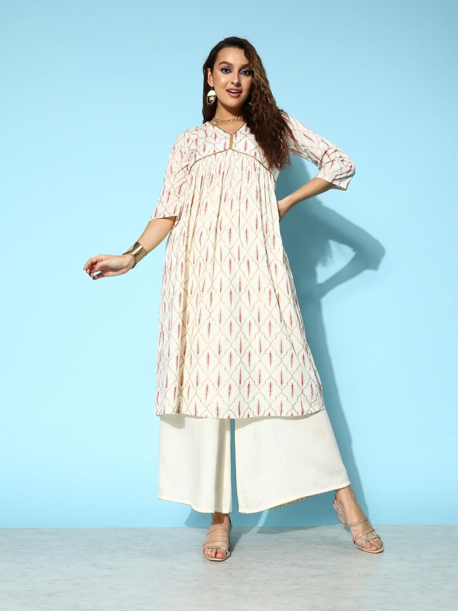 All About You Onyx White & Red Ethnic Motifs Printed Veere Di Wedding Kurta with Palazzos - Distacart