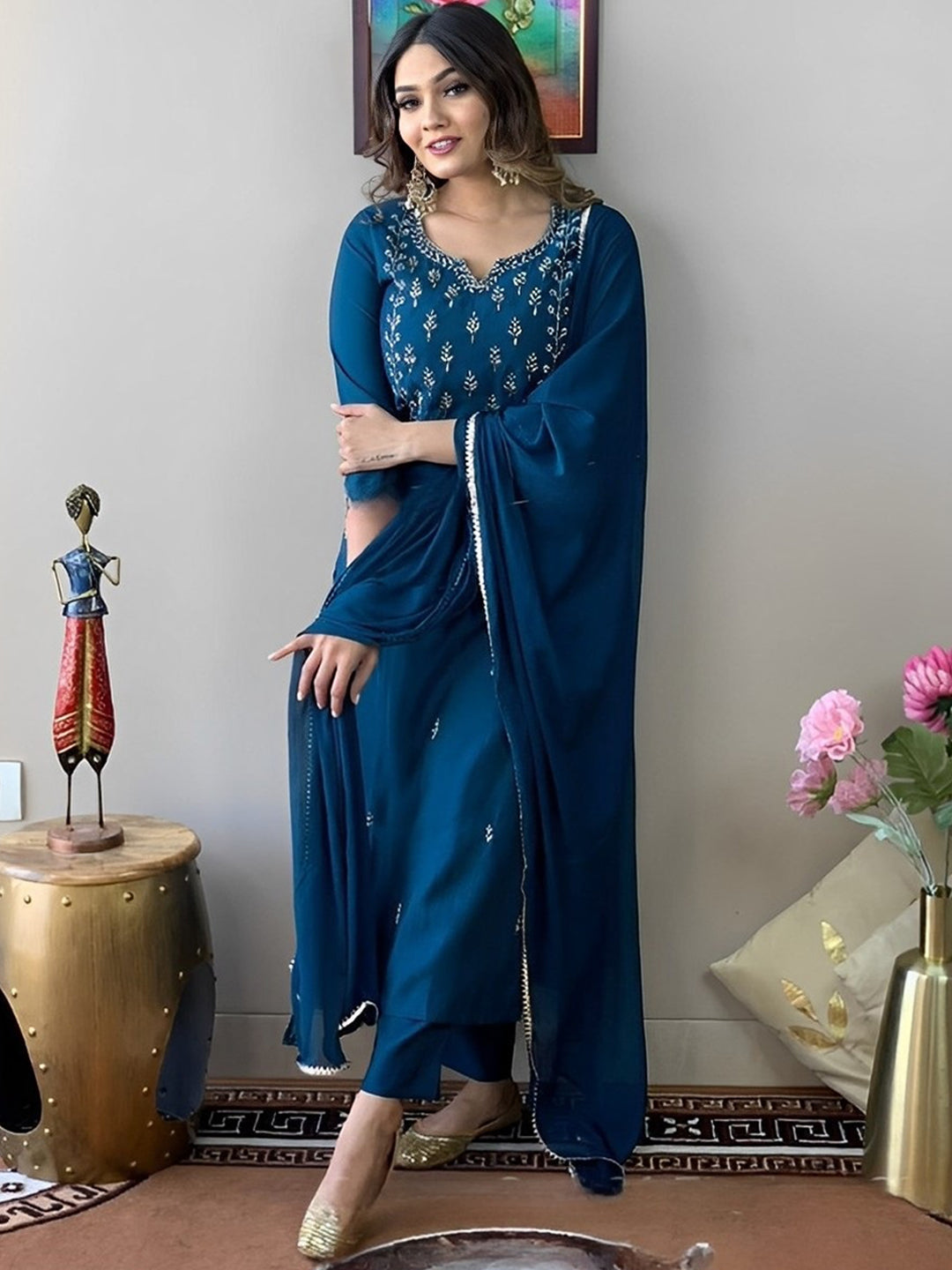 Kalini Ethnic Motifs Embroidered Thread Work Detail Straight Kurta & Trousers With Dupatta - Distacart