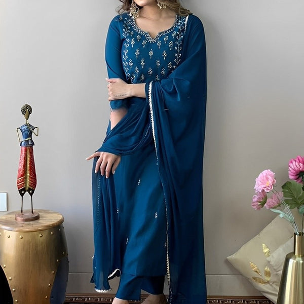 Kalini Ethnic Motifs Embroidered Thread Work Detail Straight Kurta & Trousers With Dupatta - Distacart