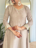 Thumbnail for The52 CreamWomen's Gorgeous Vichitra Silk Fabric Embroidered Work Flared Anarkali Pant and Dupatta Set