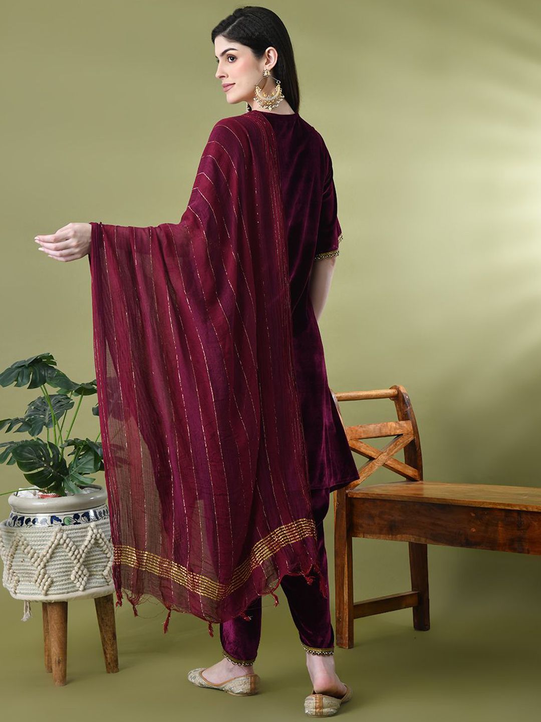 Sangria Yoke Design Velvet Kurta & Dhoti Pants With Dupatta
