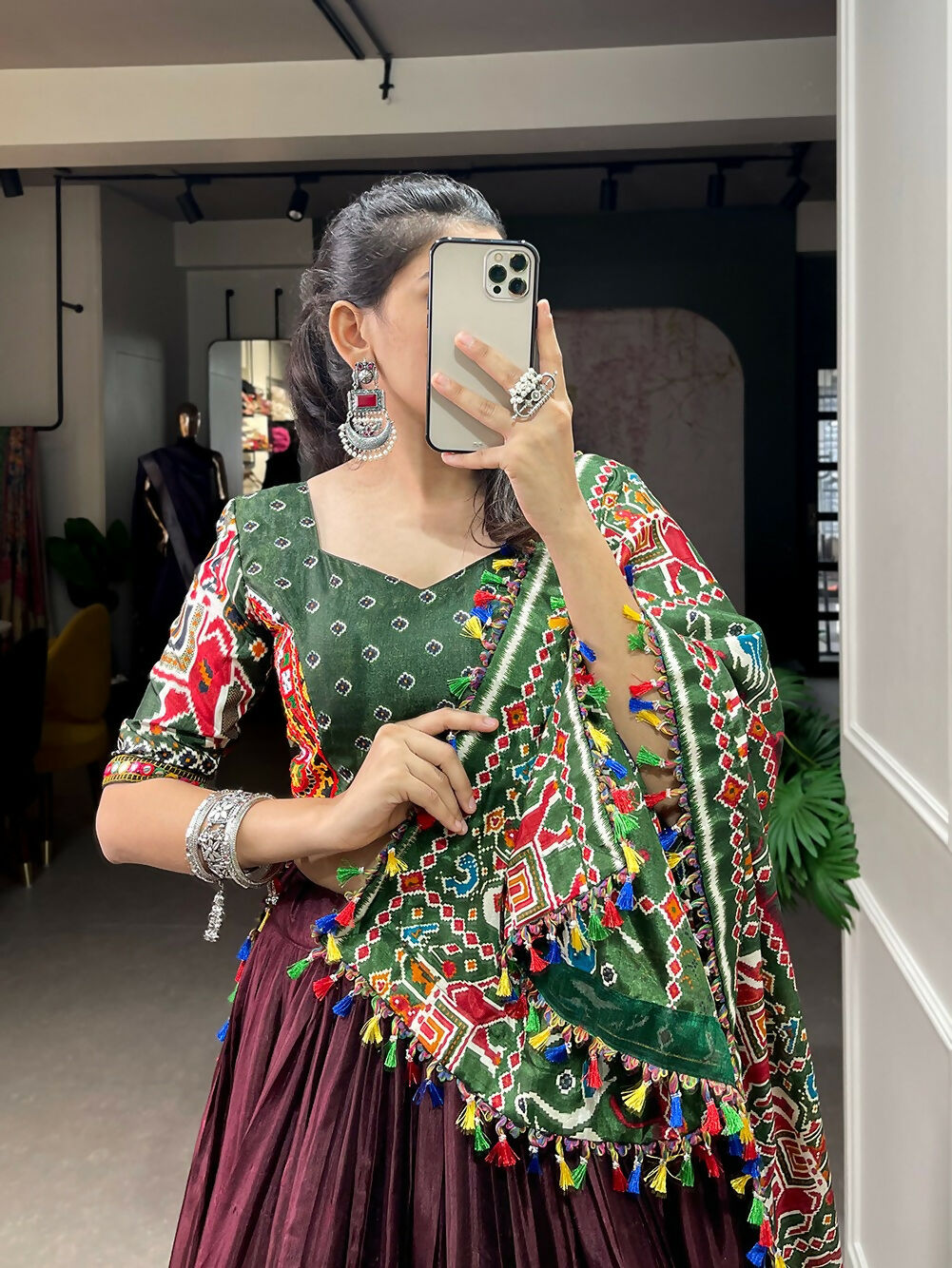 Vastranavya Traditional Patola Print With Gamthi & Mirror Work Lehenga Choli - Brown - Distacart