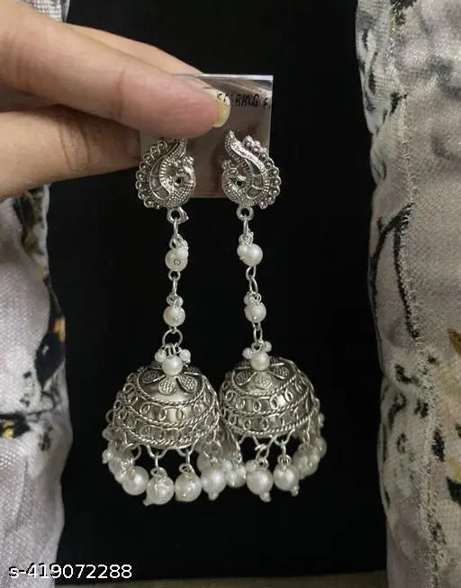Tehzeeb Creations Women's Silver Colour Oxidised Peacock Design Earrings With White Pearl - Distacart