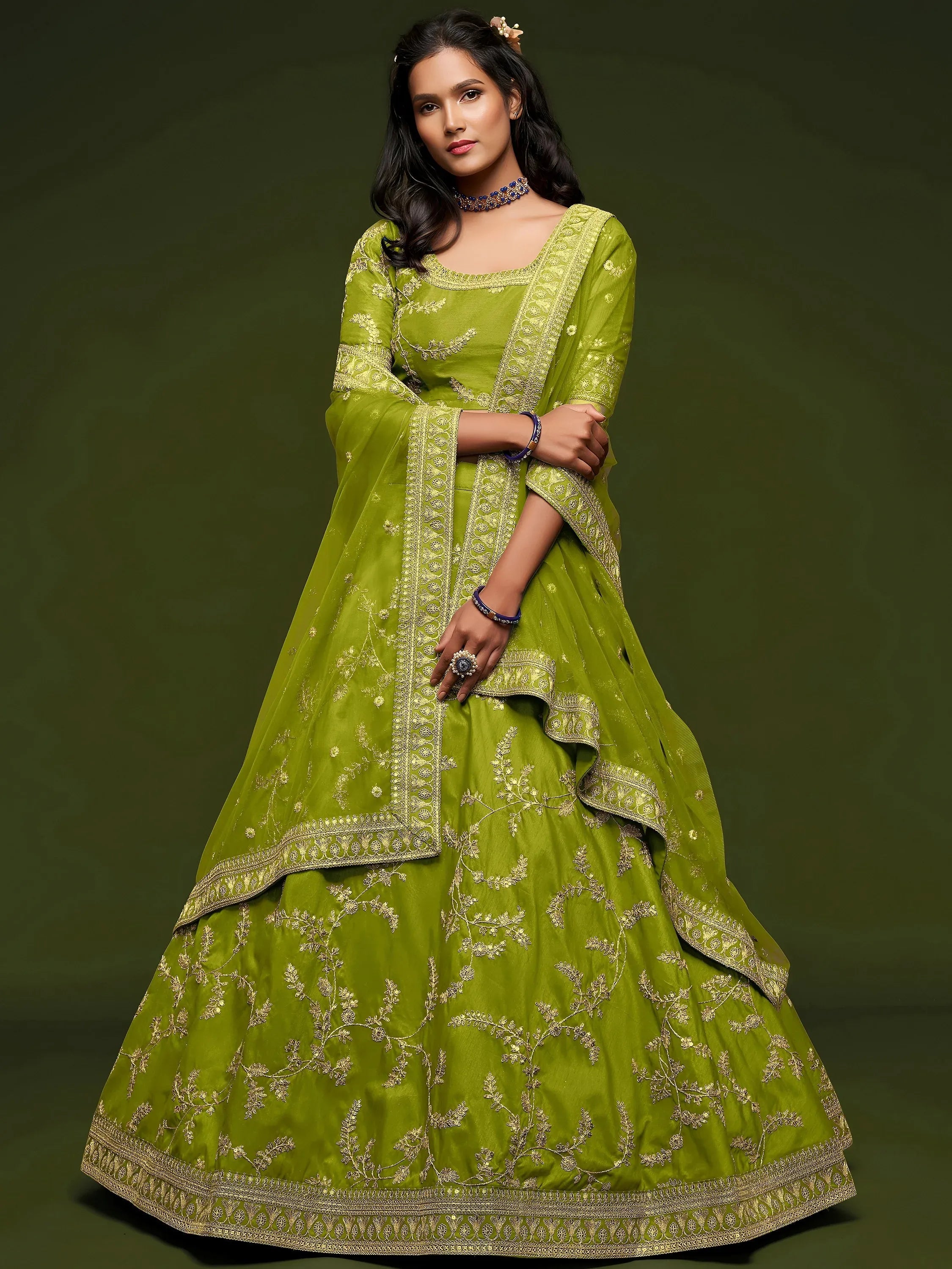 Tulsi Art Neon Green Thread Embroidery Art Silk Wedding Wear Lehenga Choli - Dista