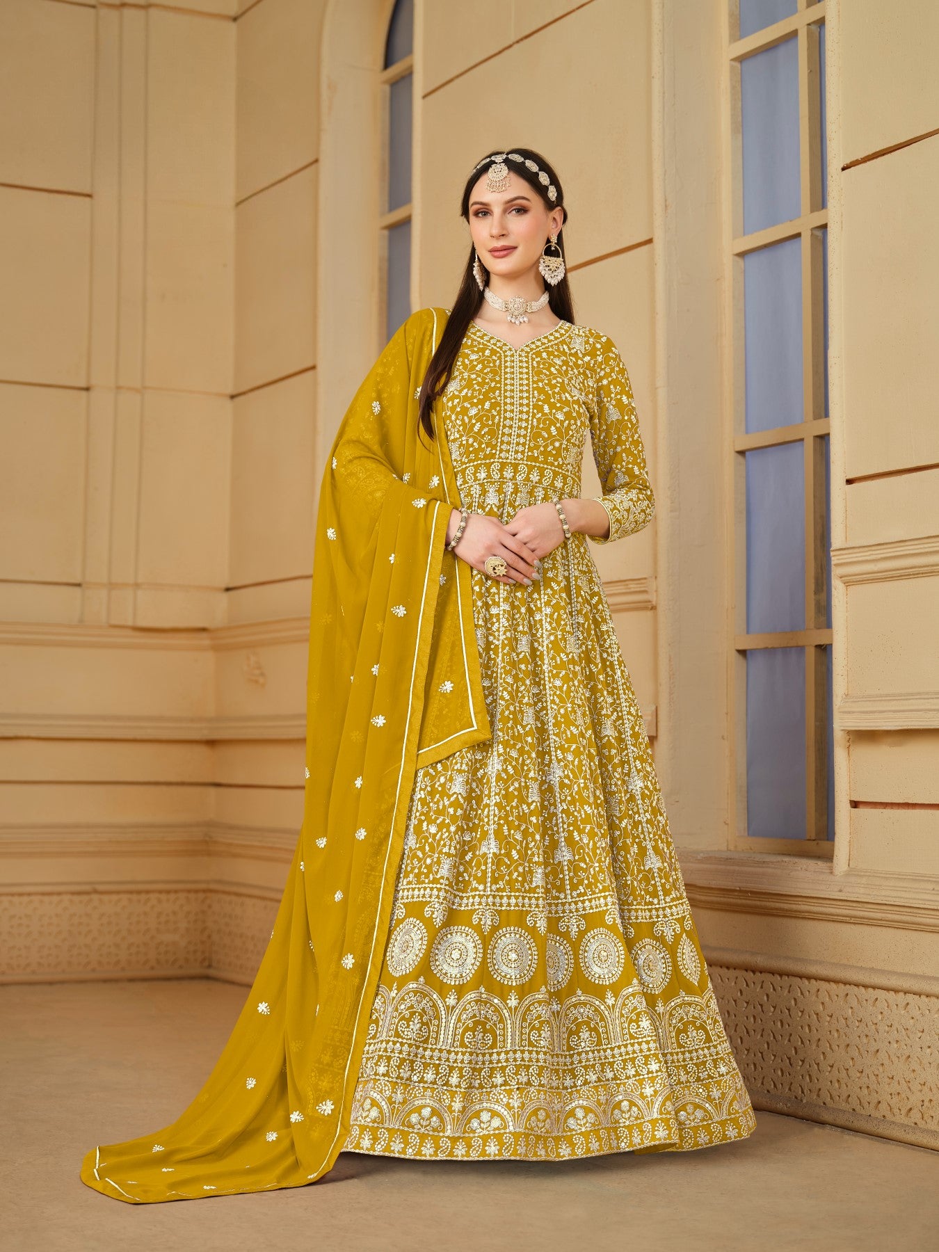 Anaita Yellow Embroidered Faux Georgette Anarkali Suit - Distacart