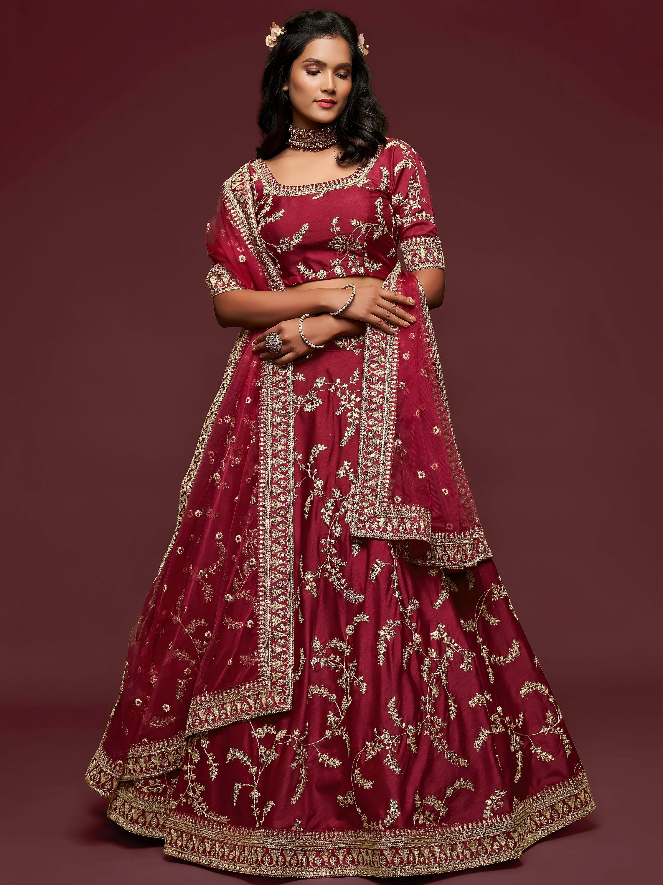 Tulsi Art Maroon Thread Embroidery Art Silk Wedding Wear Lehenga Choli - Dista