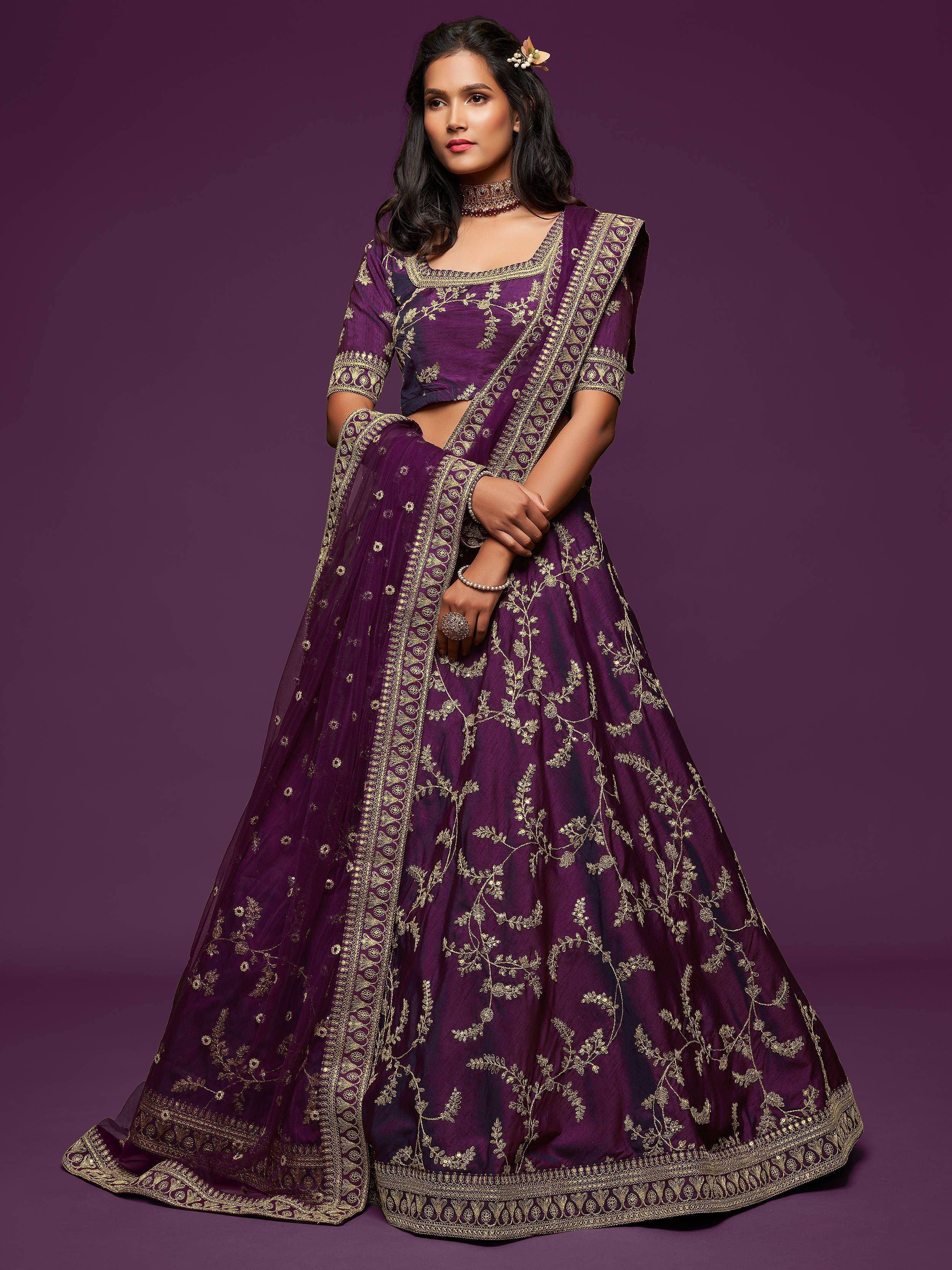 Tulsi Art Purple Thread Embroidery Art Silk Wedding Wear Lehenga Choli - Dista