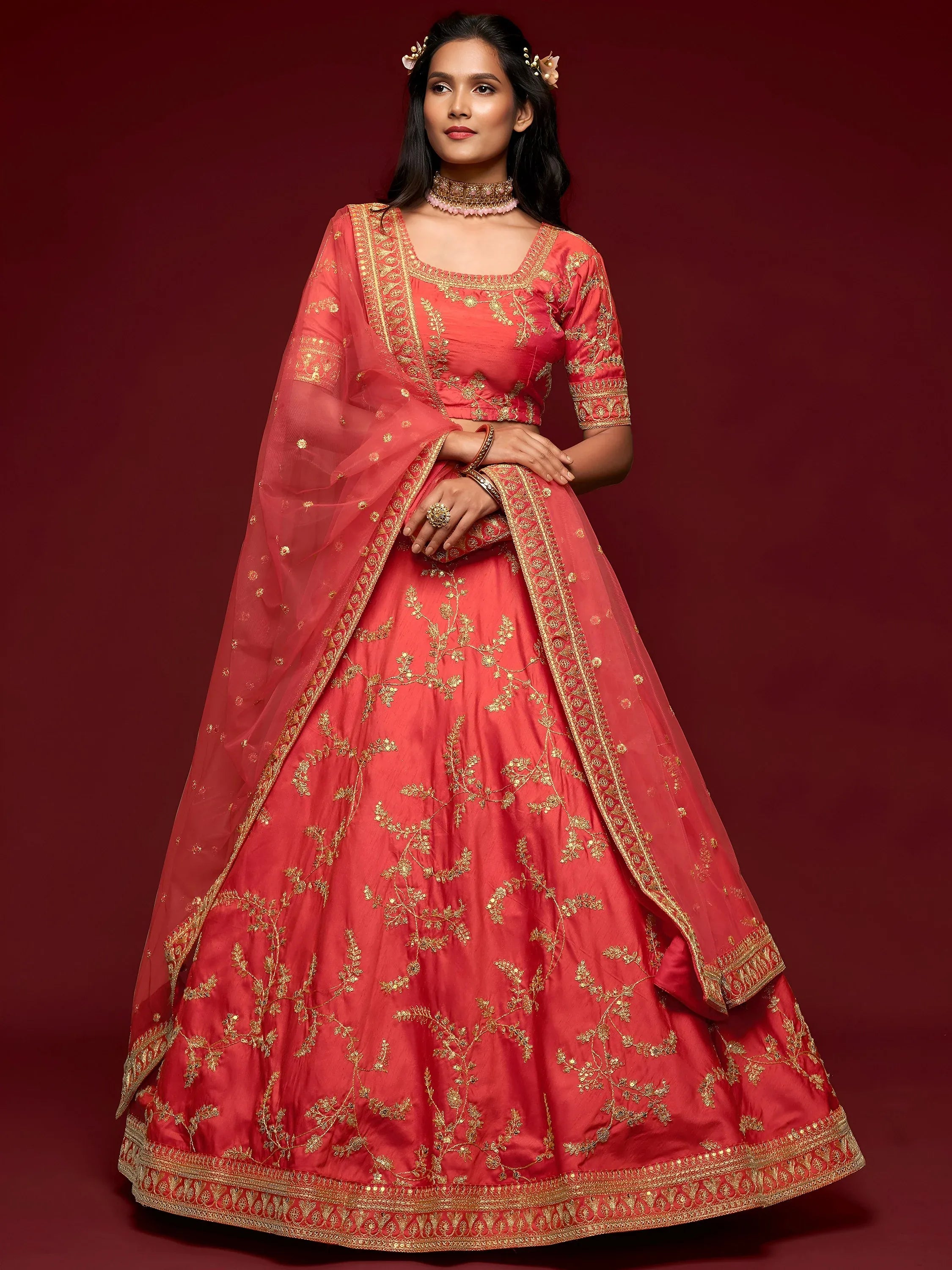 Tulsi Art Coral Red Thread Embroidery Art Silk Wedding Wear Lehenga Choli - Dista