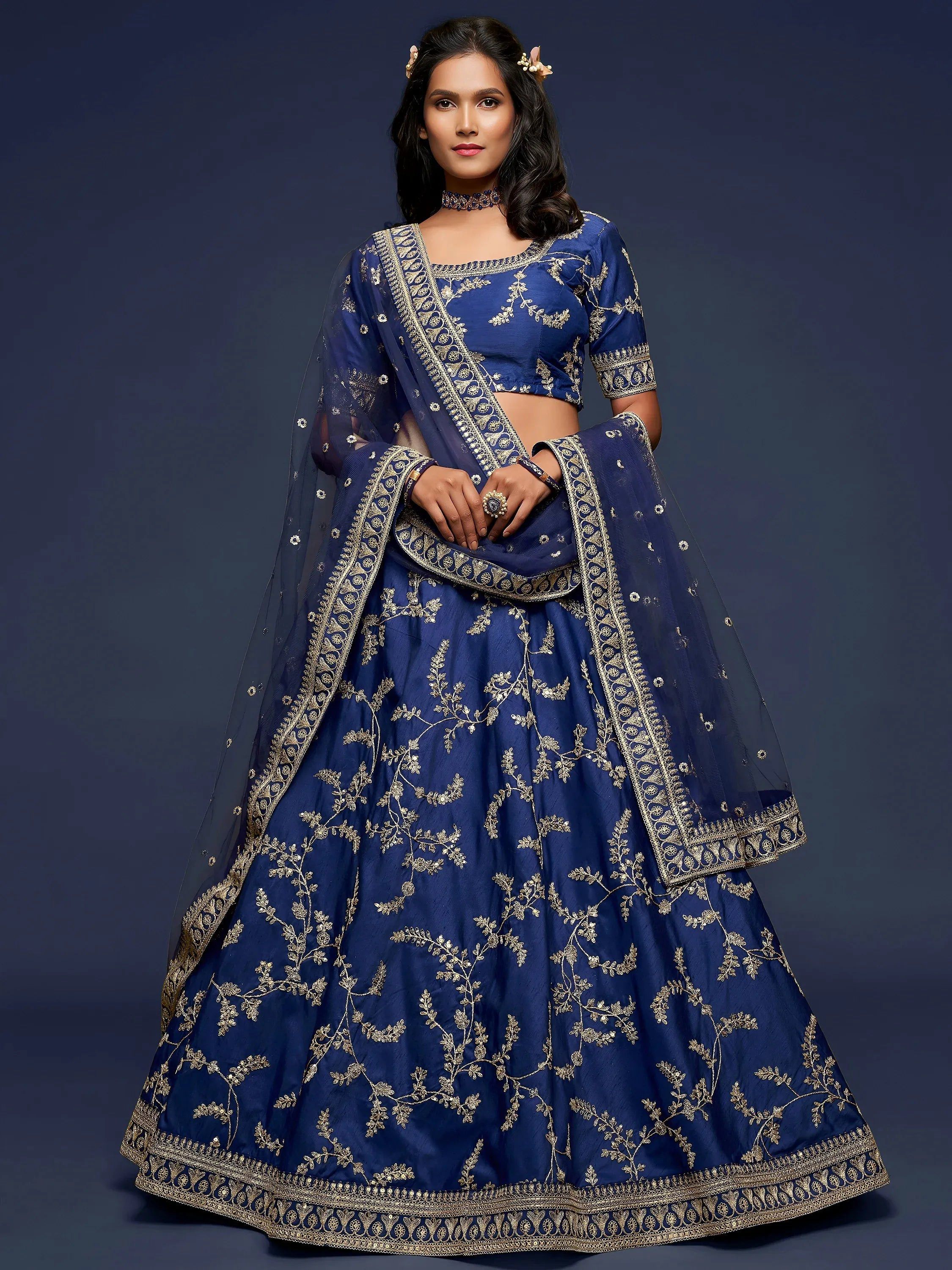 Tulsi Art Blue Thread Embroidery Art Silk Wedding Wear Lehenga Choli - Dista