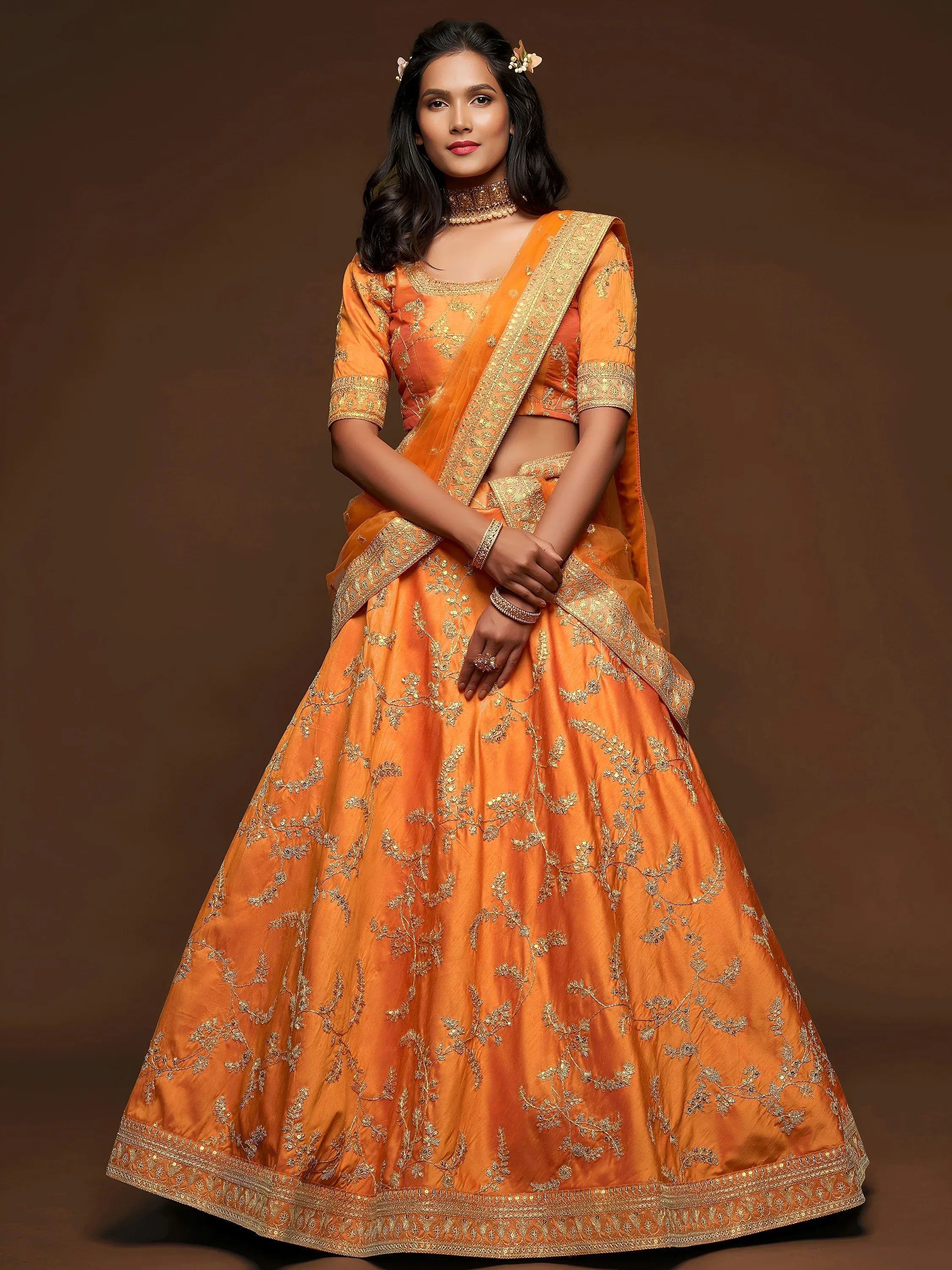 Tulsi Art Orange Thread Embroidery Art Silk Wedding Wear Lehenga Choli - Dista