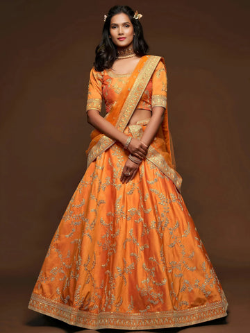 Tulsi Art Orange Thread Embroidery Art Silk Wedding Wear Lehenga Choli - Dista