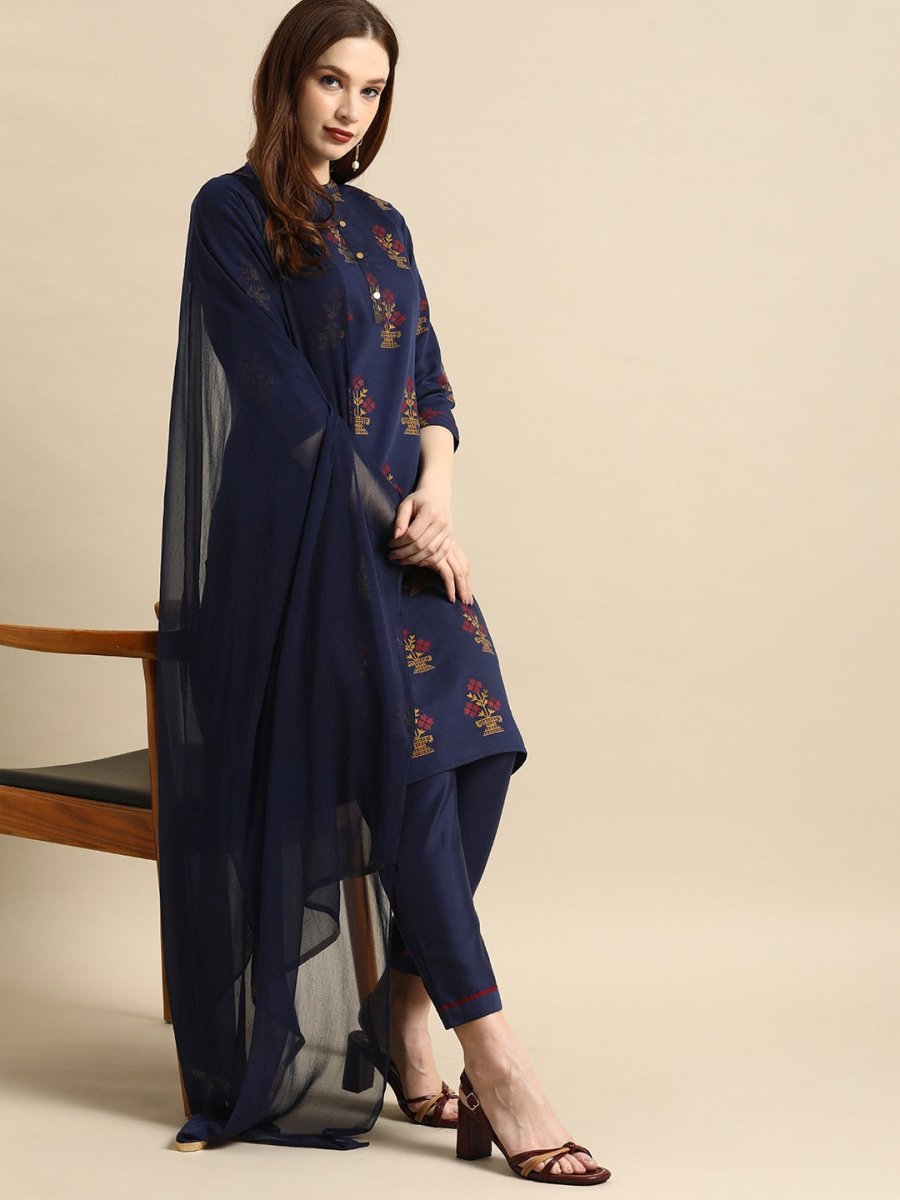 All About You Women Navy Blue Ethnic Motifs Printed Kurta with Trousers & With Dupatta - Distacart